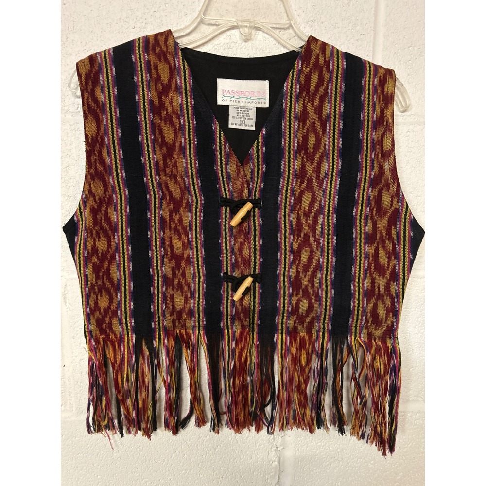 Passports Pier 1 Imports Boho Woven Ikat Fringe Toggle Vest Small Burgundy Multi